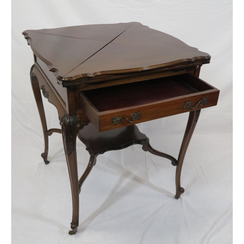 201 - Edwardian mahogany envelope card table with swivel fold-over top, counter wells, baize surface, frie... 