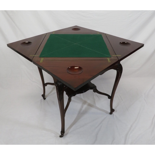 201 - Edwardian mahogany envelope card table with swivel fold-over top, counter wells, baize surface, frie... 