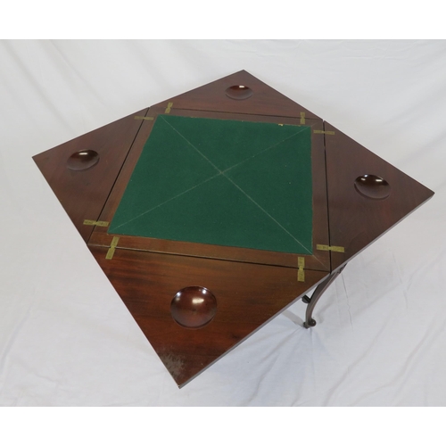 201 - Edwardian mahogany envelope card table with swivel fold-over top, counter wells, baize surface, frie... 