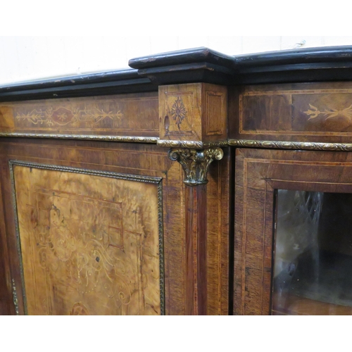 205 - Victorian inlaid & crossbanded walnut credenza with ormolu mounts, turned columns, shelved interior,... 