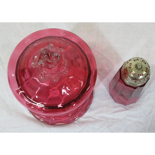 214 - Victorian cranberry glass biscuit or sweet jar with lid, having shaped finial & a matching sugar cas... 