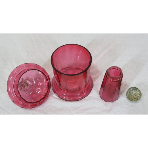 214 - Victorian cranberry glass biscuit or sweet jar with lid, having shaped finial & a matching sugar cas... 