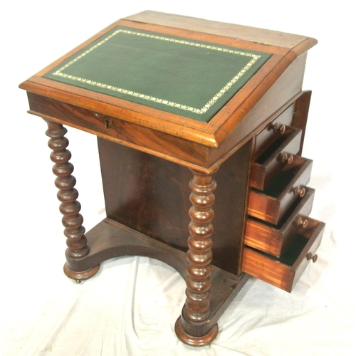 215 - Victorian mahogany davenport with leatherette inset, lift-up lid, sectioned interior, five side draw... 