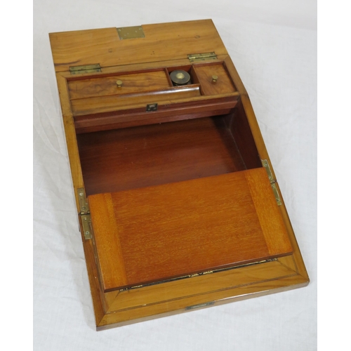 217 - Edwardian walnut writing slope with  pen & ink trays, inkwell, & brass mounts