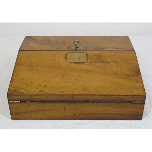 217 - Edwardian walnut writing slope with  pen & ink trays, inkwell, & brass mounts