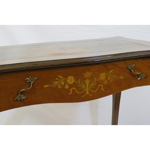 220 - Edwardian inlaid mahogany desk with serpentine shaped sides, leatherette inset, shaped frieze drawer... 