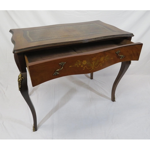 220 - Edwardian inlaid mahogany desk with serpentine shaped sides, leatherette inset, shaped frieze drawer... 