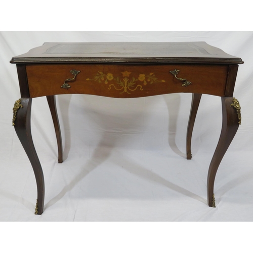 220 - Edwardian inlaid mahogany desk with serpentine shaped sides, leatherette inset, shaped frieze drawer... 