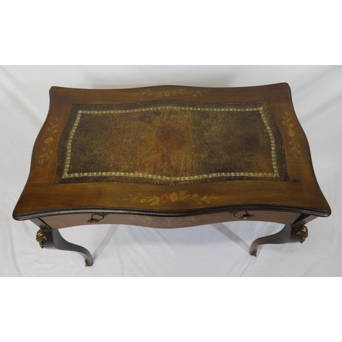 220 - Edwardian inlaid mahogany desk with serpentine shaped sides, leatherette inset, shaped frieze drawer... 