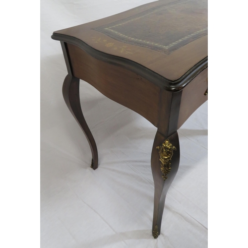 220 - Edwardian inlaid mahogany desk with serpentine shaped sides, leatherette inset, shaped frieze drawer... 