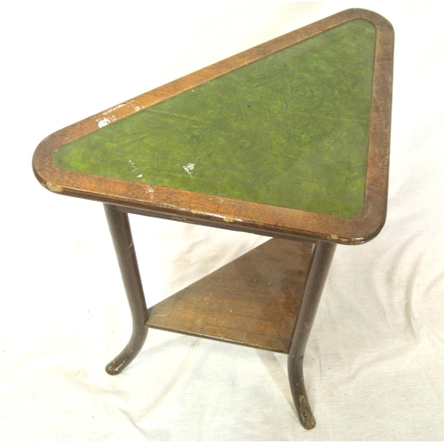 224 - Edwardian style two tier triangular shaped corner table with leatherette inset & shaped legs