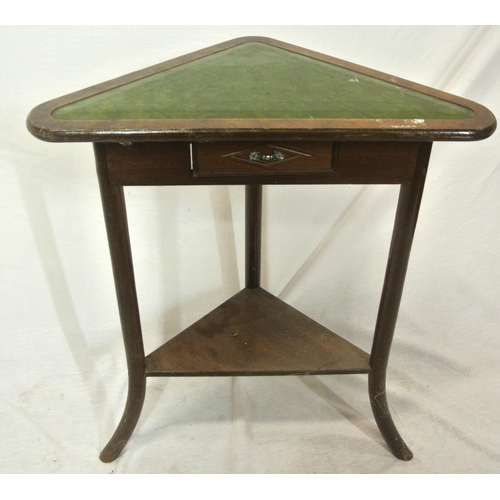 224 - Edwardian style two tier triangular shaped corner table with leatherette inset & shaped legs