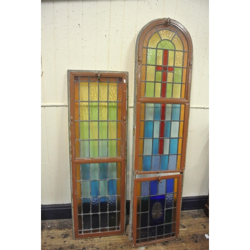 228 - Three ornate metal framed stained glass leaded panels