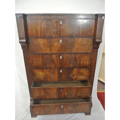 235 - Edwardian mahogany chest of five drawers with mother of pearl escutcheons, on bracket feet