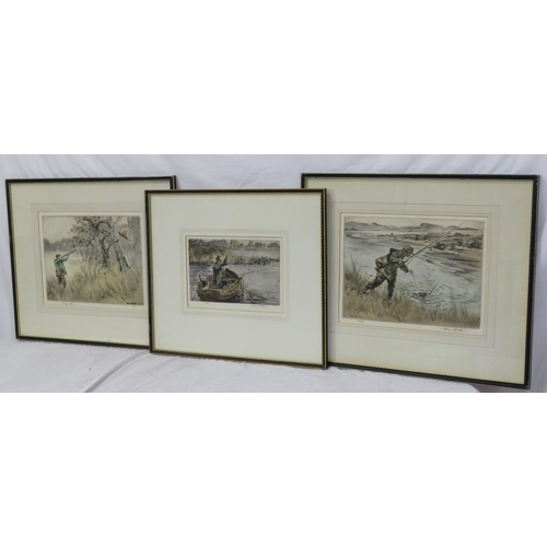 265 - Marie Wilkinson 'Set of three hunting / fishing scenes' limited editions 24x34cm each,  signed