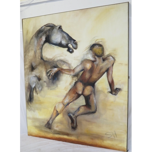 292 - Irish Impressionist school 'Nude with horse' oil on canvas 167x138cm initialled