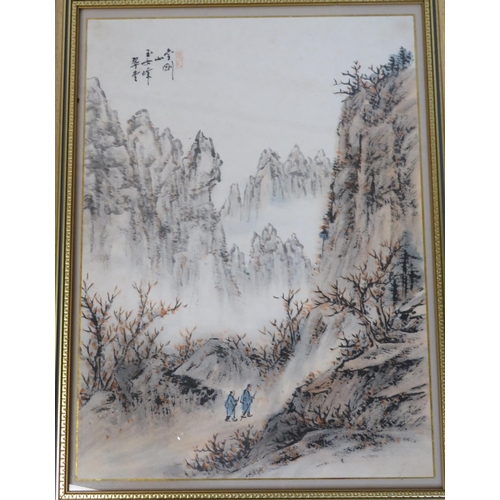 303 - Korean school 'Figures hiking in the mountains' pastels 45x33cm signed and 'Pandas eating bamboo' 19... 