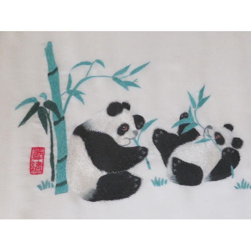 303 - Korean school 'Figures hiking in the mountains' pastels 45x33cm signed and 'Pandas eating bamboo' 19... 