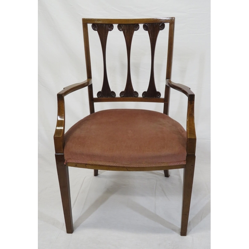 326 - Edwardian inlaid mahogany open armchair with railed back, shaped arms, on square tapering legs