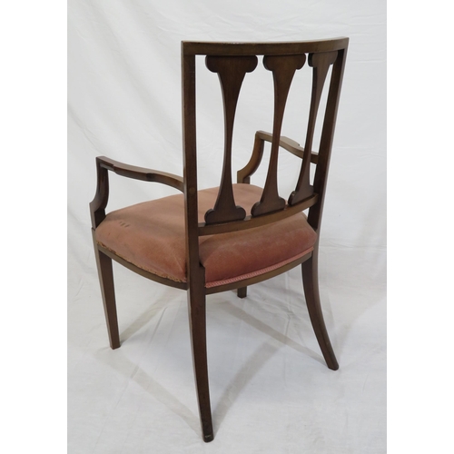 326 - Edwardian inlaid mahogany open armchair with railed back, shaped arms, on square tapering legs