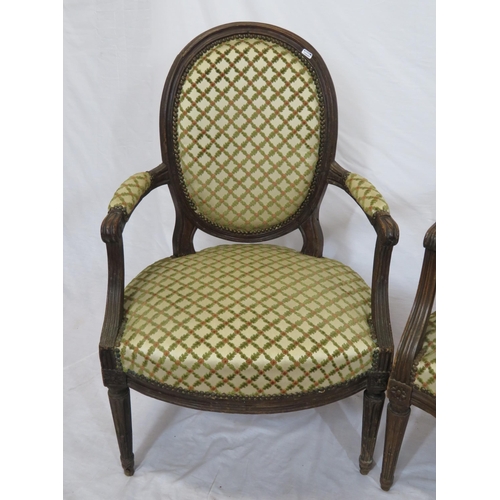 328 - Pair of Victorian style balloonback open armchairs with serpentine fronted seats, on reeded tapering... 