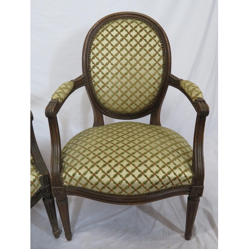 328 - Pair of Victorian style balloonback open armchairs with serpentine fronted seats, on reeded tapering... 