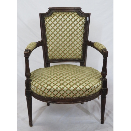 329 - Victorian style open armchair with shaped back, bow fronted seat, on reeded tapering legs