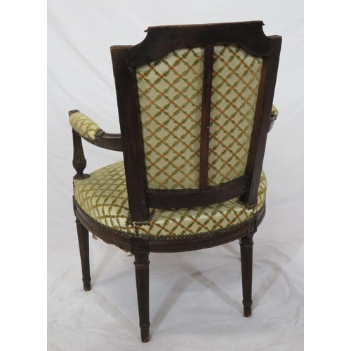 329 - Victorian style open armchair with shaped back, bow fronted seat, on reeded tapering legs