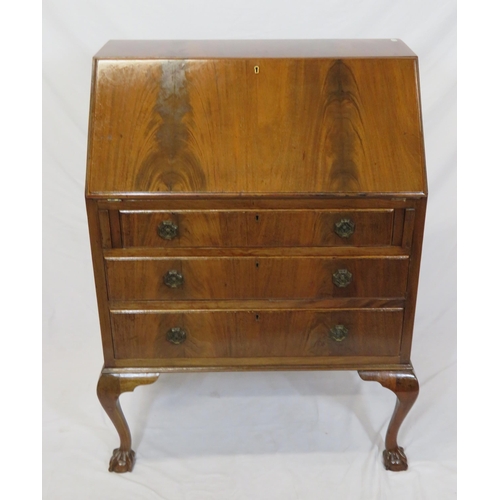 35 - Edwardian mahogany bureau with fall-out front, fitted interior, three drawers, on cabriole legs with... 