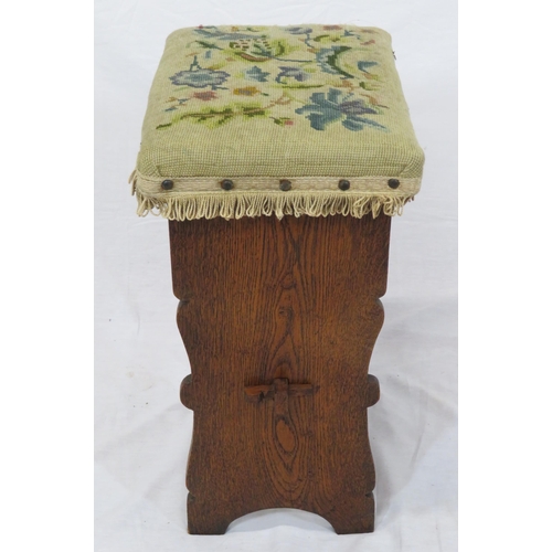 52 - Edwardian oak stool with foliate upholstery