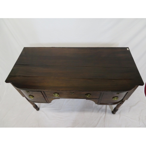 55 - Victorian mahogany small sideboard with bowed side drawers, frieze drawer, brass drop handles, on tu... 