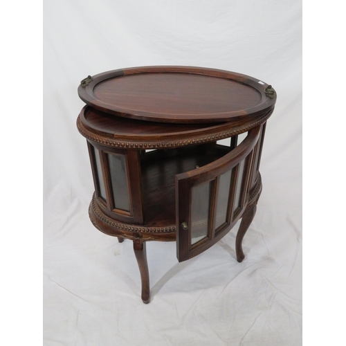 56 - Oval mahogany drinks cabinet with detachable tray, bevelled glass panels, on cabriole legs