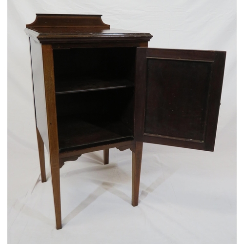 59 - Edwardian inlaid mahogany locker with shelved interior, panelled door & tapering legs