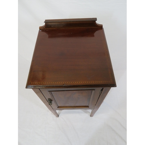 59 - Edwardian inlaid mahogany locker with shelved interior, panelled door & tapering legs