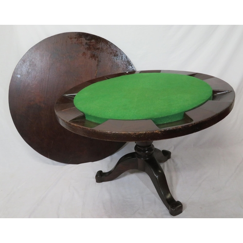 60 - Victorian mahogany round poker table with baize inset, card wells, on turned column with tripod