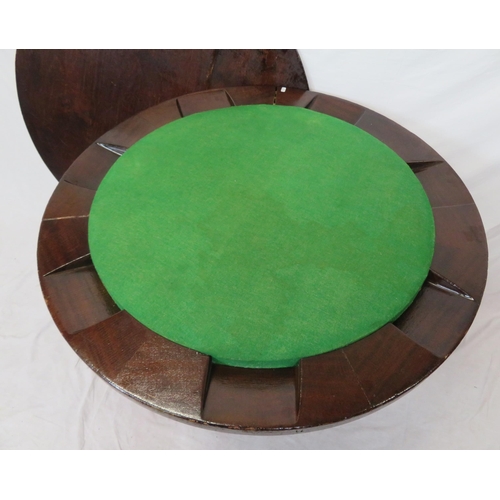 60 - Victorian mahogany round poker table with baize inset, card wells, on turned column with tripod