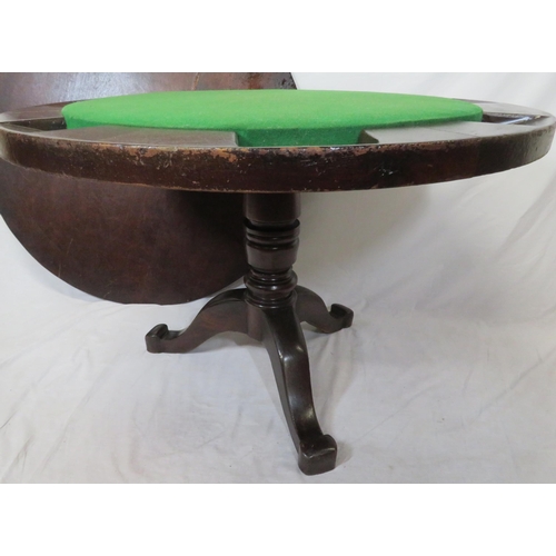 60 - Victorian mahogany round poker table with baize inset, card wells, on turned column with tripod