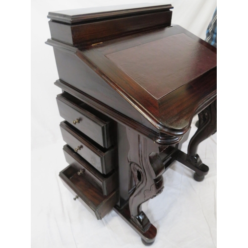 61 - Edwardian design mahogany davenport with pen tray, lift-up lid, fitted interior, four side drawers w... 