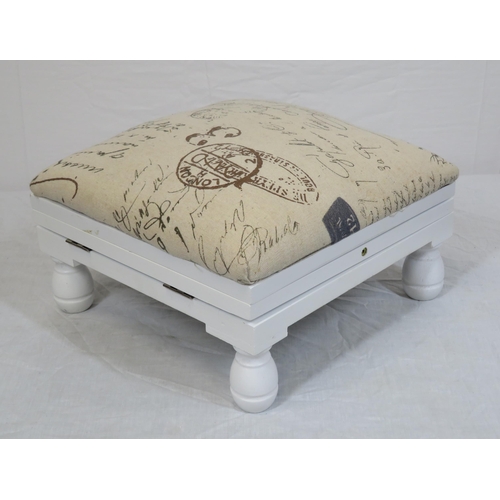 62 - Bench style upholstered footstool with lift-up top, on bun feet