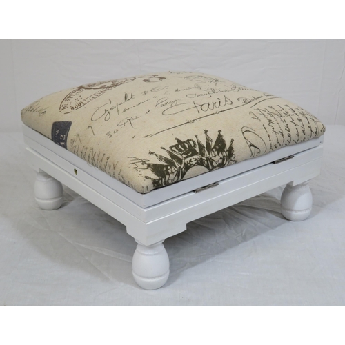 62 - Bench style upholstered footstool with lift-up top, on bun feet