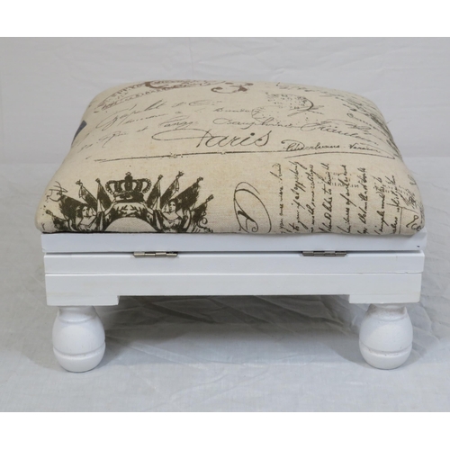 62 - Bench style upholstered footstool with lift-up top, on bun feet