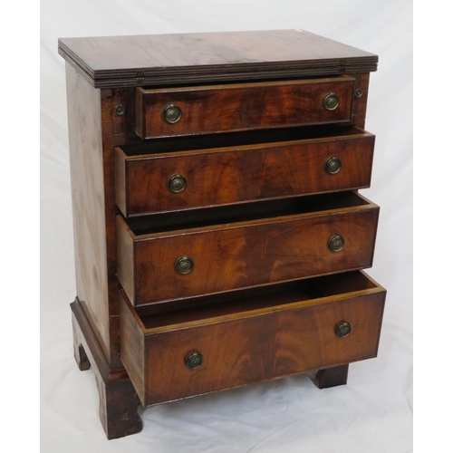 76 - Victorian mahogany small bachelors chest with fold-over top, pull-out supports, four drawers with br... 