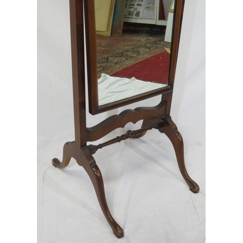 79 - Edwardian mahogany framed cheval mirror with shaped top, tapering columns, turned stretchers, on sha... 