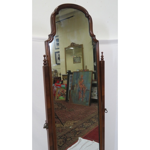 79 - Edwardian mahogany framed cheval mirror with shaped top, tapering columns, turned stretchers, on sha... 