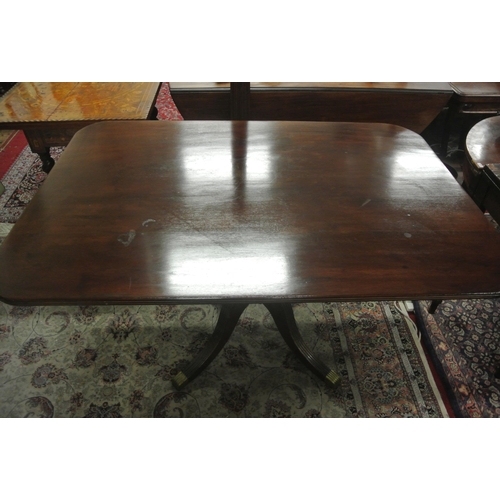 85 - Regency style square library or breakfast table with reeded borders, turned column, on reeded quadra... 