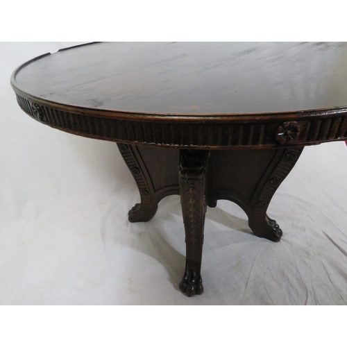 90 - Victorian style round centre table with reeded borders, on reeded foliate carved quadrite base