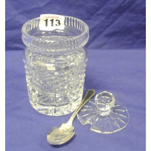 113 - Waterford crystal cut glass preserve jar with strawberry diamonds and lid with finial