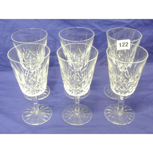 122 - Set of six Waterford Crystal cut glass large wine glasses with diamond decoration, hexagonal stems &... 