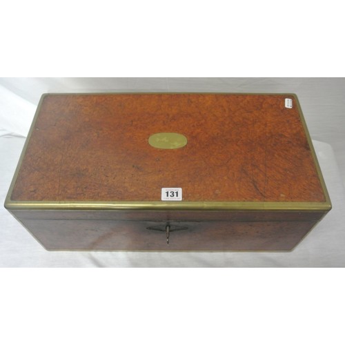 131 - Edwardian walnut writing slope with brass banding & recessed handles