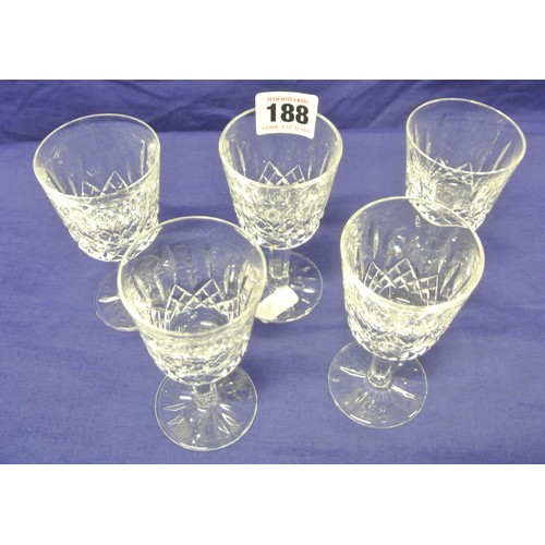 188 - Set of five Waterford Crystal stemmed sherry glasses with diamond decoration